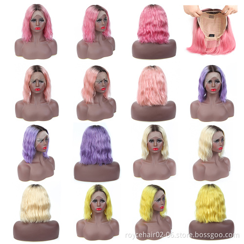 100% Brazilian Virgin Remy Human Hair Coloured Ombre Pink Short Body Wave Curly Blunt Cut Lace Front Bob Wig